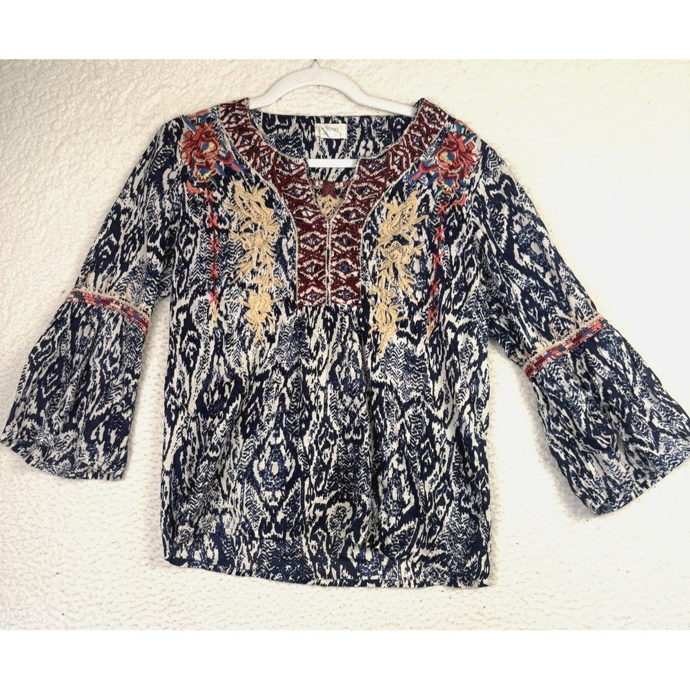 Sigrid Olsen Blouse Womens XS Blue Embroidered Bell Sleeve Boho Ikat Tunic Top